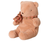 The PRE-ORDER Maileg Teddy Bear Plush, Small - Vintage Rose features a soft, huggable design with stitched nose and eyes, wearing a plaid scarf, and sits upright against a plain white background. Estimated arrival: early October.