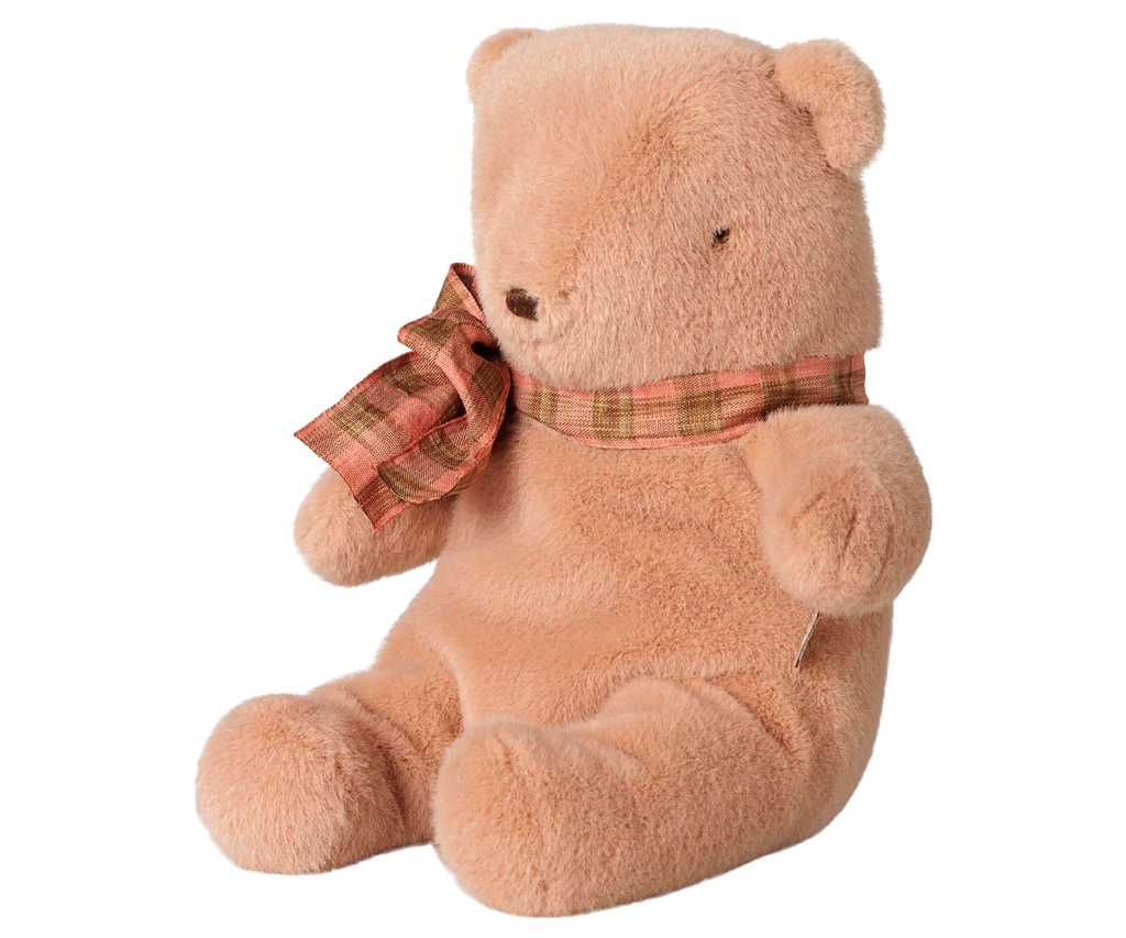 The PRE-ORDER Maileg Teddy Bear Plush, Small - Vintage Rose features a soft, huggable design with stitched nose and eyes, wearing a plaid scarf, and sits upright against a plain white background. Estimated arrival: early October.