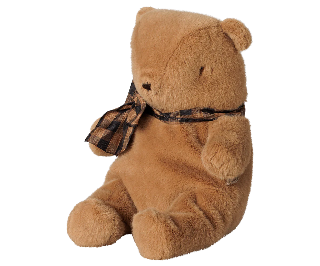 The PRE-ORDER: Maileg Teddy Bear Plush, Small - Mushroom sits upright with a plaid scarf around its neck, facing slightly left against a plain white background. Estimated arrival early October.