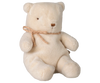 PRE-ORDER: Maileg Teddy Bear Plush, Small - Off White (Estimated Arrival Early October). This soft vintage-style teddy bear features a small brown nose and a light brown ribbon bow, sitting upright against a plain white background.