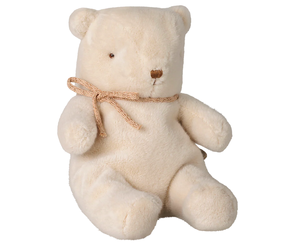 PRE-ORDER: Maileg Teddy Bear Plush, Small - Off White (Estimated Arrival Early October). This soft vintage-style teddy bear features a small brown nose and a light brown ribbon bow, sitting upright against a plain white background.