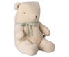 The PRE-ORDER: Maileg Teddy Bear Plush, Medium - Off White (Estimated Arrival Early October) is a soft, huggable bear with stitched eyes, a round nose, and a charming vintage look, featuring a light green bow around its neck.