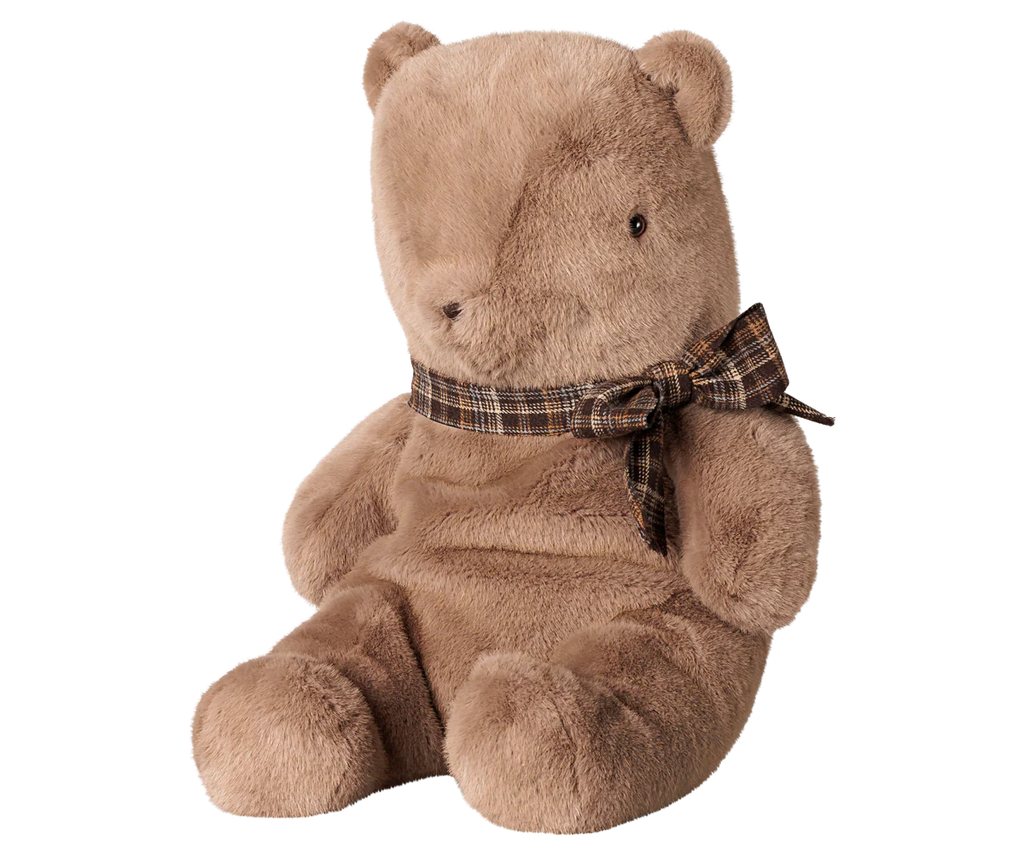 The PRE-ORDER: Maileg Teddy Bear Plush, Large - Dark Mushroom features soft, huggable fur and sits upright with a charming look, shown against a plain white background. Estimated arrival is early November.