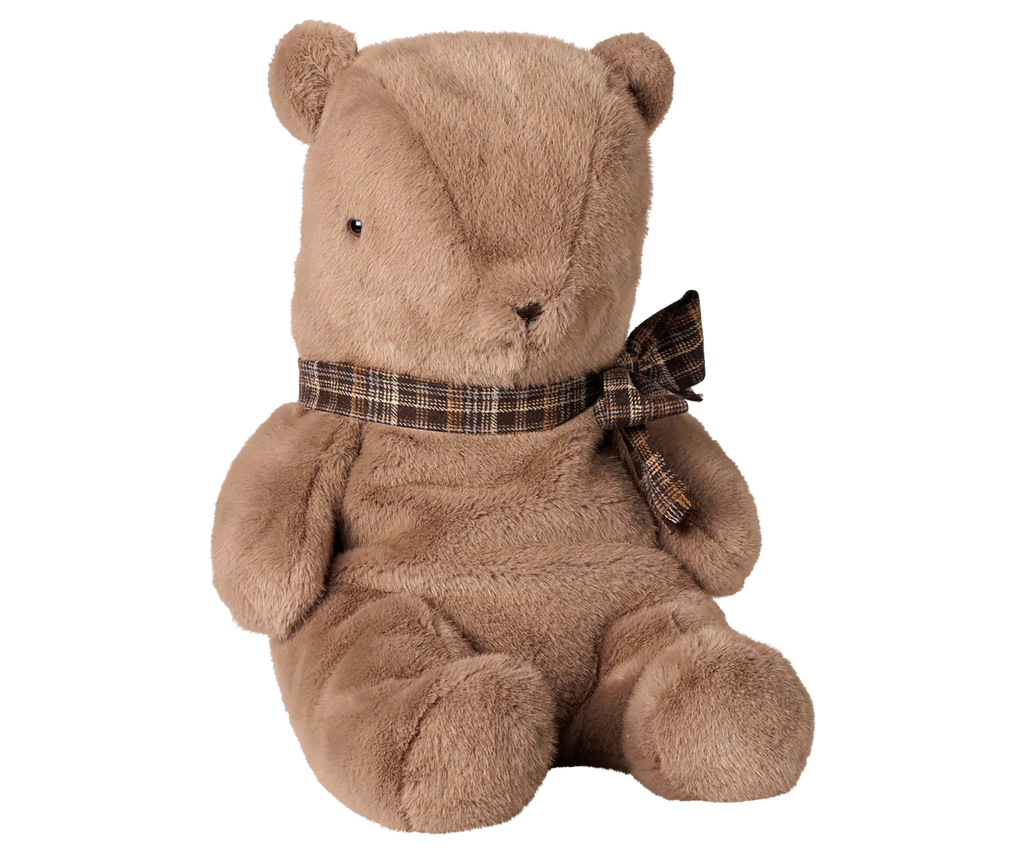 The PRE-ORDER: Maileg Teddy Bear Plush, Large - Dark Mushroom features a soft, plush design with stitched details and a huggable look. This teddy sits upright against a white background. Estimated arrival: Early November.