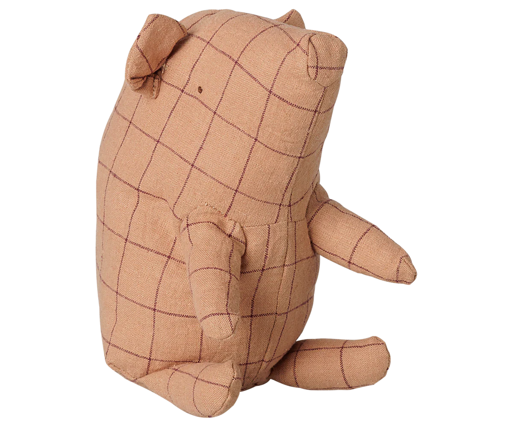 The PRE-ORDER: Maileg Truffle Pig, Mini - Checker (Estimated Arrival Mid November) is a soft plush toy with a checkered pattern, small ears, and stitched facial features, shown sitting upright on a white background.