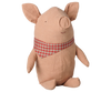The PRE-ORDER: Maileg Truffle Pig, Big - Powder (Estimated Arrival Mid November) is a soft, plush pig toy with a stitched smile and a red and beige checked scarf, sitting upright on a white background.