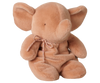 The PRE-ORDER: Maileg Elephant Plush, Medium - Vintage Rose (Estimated Arrival Early September) features a soft plush elephant with large ears, a long trunk, and a small bow around its neck, sitting upright against a plain white background.