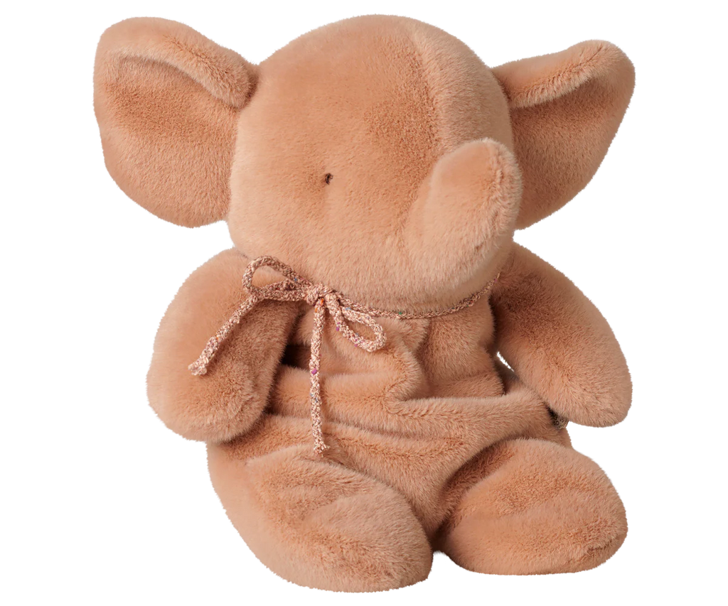 The PRE-ORDER: Maileg Elephant Plush, Medium - Vintage Rose (Estimated Arrival Early September) features a soft plush elephant with large ears, a long trunk, and a small bow around its neck, sitting upright against a plain white background.