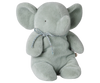 The PRE-ORDER: Maileg Elephant Plush, Medium in soft mint features large ears, small black eyes, and a blue patterned ribbon bow. It sits upright against a white background. Estimated arrival: early September.