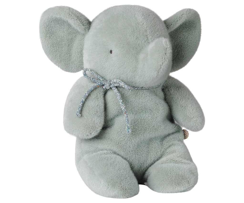 The PRE-ORDER: Maileg Elephant Plush, Medium in soft mint features large ears, small black eyes, and a blue patterned ribbon bow. It sits upright against a white background. Estimated arrival: early September.