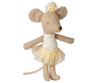 PRE-ORDER: Maileg Ballerina Mouse, Little Sister - Off White features a ballerina mouse in a cream tutu with a matching flower headband, standing upright with arms outstretched. Estimated arrival: mid September.