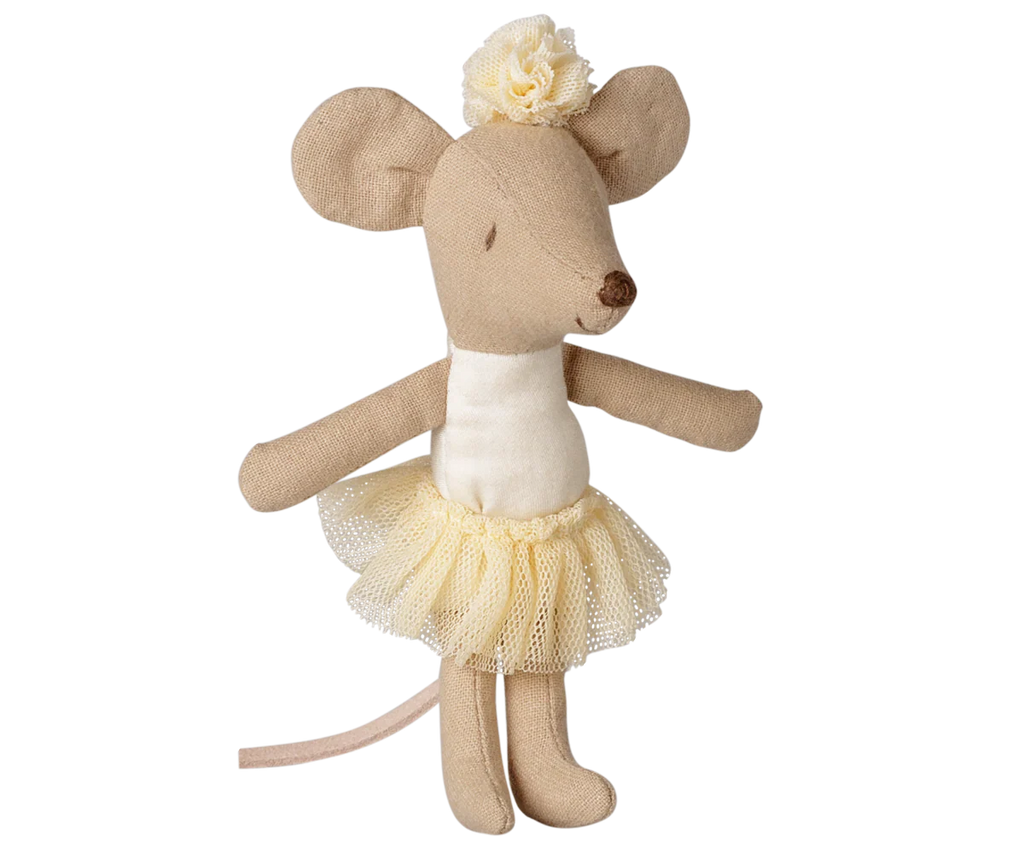 PRE-ORDER: Maileg Ballerina Mouse, Little Sister - Off White features a ballerina mouse in a cream tutu with a matching flower headband, standing upright with arms outstretched. Estimated arrival: mid September.