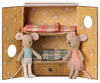 PRE-ORDER: Maileg Ballet Mice in Dance Studio features Little Sister and Brother mice in a stylish dance studio set—complete with floral walls, round windows, and bunk beds. One mouse wears blue overalls; the other sports a pink dress and headband.