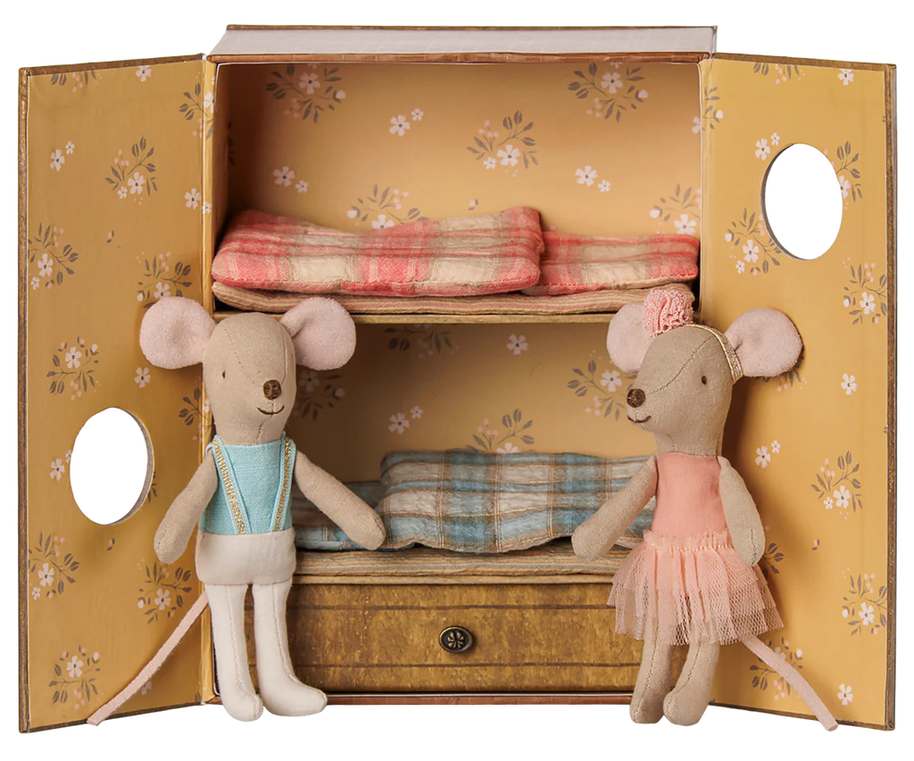 PRE-ORDER: Maileg Ballet Mice in Dance Studio features Little Sister and Brother mice in a stylish dance studio set—complete with floral walls, round windows, and bunk beds. One mouse wears blue overalls; the other sports a pink dress and headband.