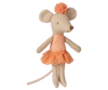 The PRE-ORDER Maileg Ballerina Mouse, Little Sister - Apricot features a mouse in an apricot tutu and pom-pom headband, with stitched details and a long tail, standing upright against a white background. Estimated arrival: mid September.