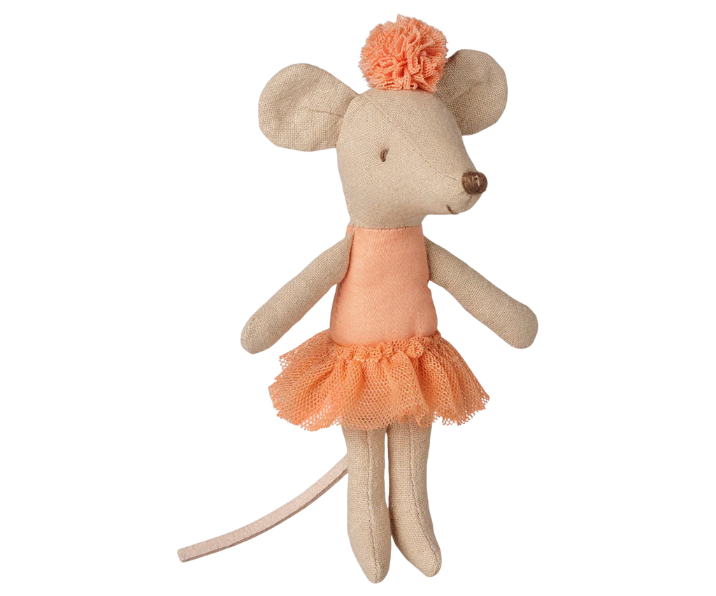 The PRE-ORDER Maileg Ballerina Mouse, Little Sister - Apricot features a mouse in an apricot tutu and pom-pom headband, with stitched details and a long tail, standing upright against a white background. Estimated arrival: mid September.