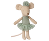 The PRE-ORDER: Maileg Ballerina Mouse, Little Sister - Vintage Mint features a beige fabric mouse doll in a light green tutu and matching headpiece, with stitched facial details and a long tail, standing upright. Estimated arrival mid September.