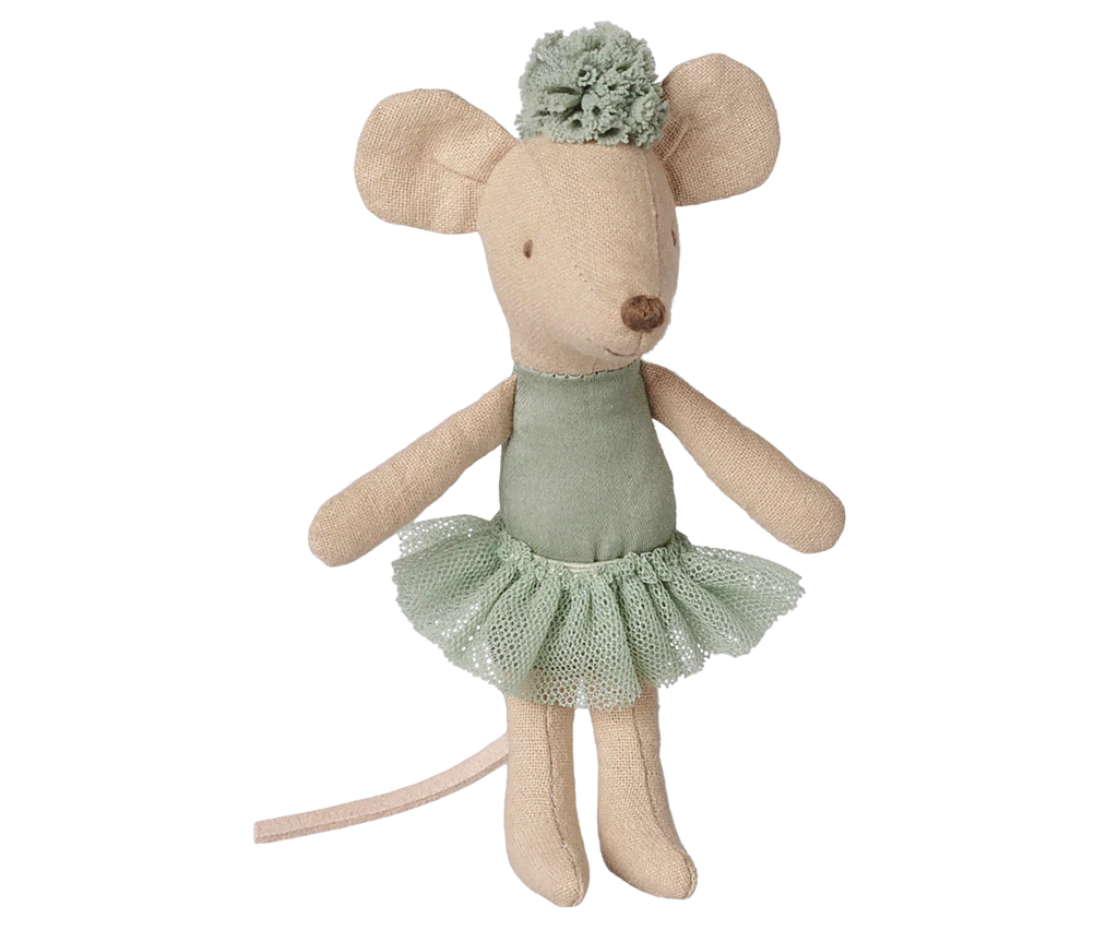 The PRE-ORDER: Maileg Ballerina Mouse, Little Sister - Vintage Mint features a beige fabric mouse doll in a light green tutu and matching headpiece, with stitched facial details and a long tail, standing upright. Estimated arrival mid September.