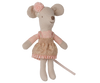 PRE-ORDER: Maileg Driver Mouse, Little Sister features stitched facial details, a long tail, and comes dressed in a pink polka dot top, shiny pink ruffled skirt, and a pink flower headband. Estimated arrival early September.
