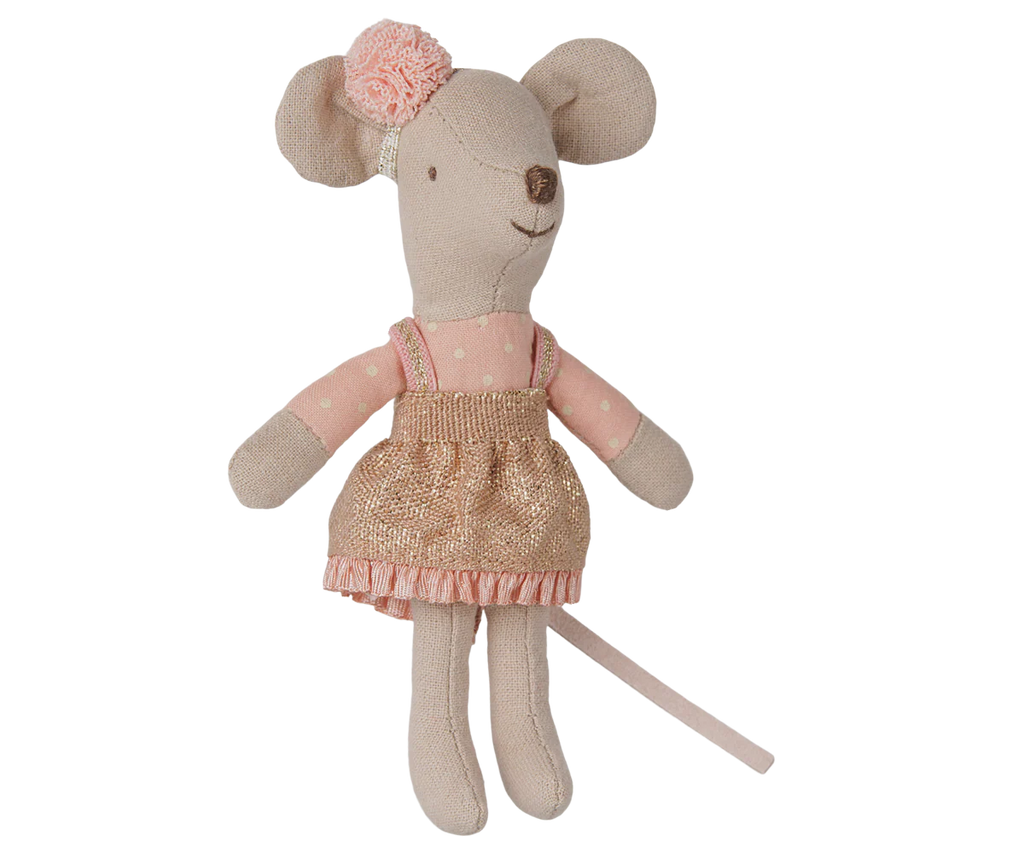 PRE-ORDER: Maileg Driver Mouse, Little Sister features stitched facial details, a long tail, and comes dressed in a pink polka dot top, shiny pink ruffled skirt, and a pink flower headband. Estimated arrival early September.