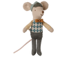 PRE-ORDER: Maileg Driver Mouse, Little Brother wears a green checked vest, yellow bow tie, gray pants, and green cap. Features large round ears and a long pale pink tail. Estimated arrival: Early September.