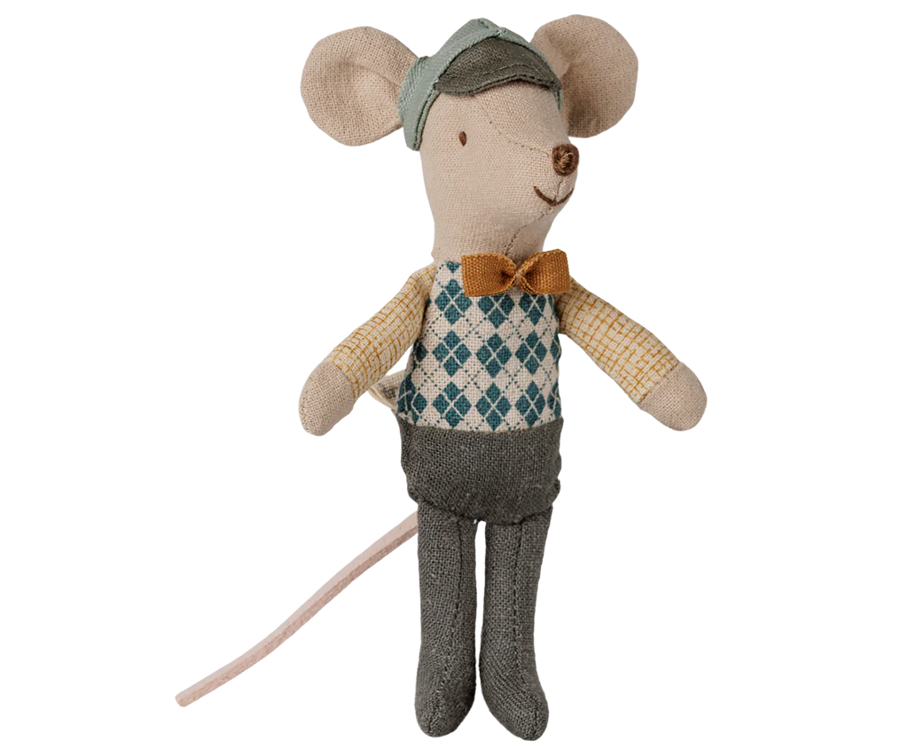 PRE-ORDER: Maileg Driver Mouse, Little Brother wears a green checked vest, yellow bow tie, gray pants, and green cap. Features large round ears and a long pale pink tail. Estimated arrival: Early September.