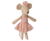 The PRE-ORDER Maileg Ballerina Mouse, Big Sister - Light Heather features a charming mouse in a pink tulle skirt and flower headband, posed gracefully upright like a ballerina. Estimated arrival: mid September.