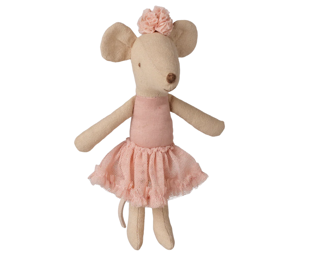The PRE-ORDER Maileg Ballerina Mouse, Big Sister - Light Heather features a charming mouse in a pink tulle skirt and flower headband, posed gracefully upright like a ballerina. Estimated arrival: mid September.