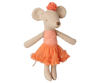 The PRE-ORDER Maileg Ballerina Mouse, Big Sister - Dusty Coral features a plush mouse doll in an orange tutu and headband, with beige fur and an embroidered nose, standing upright against a white background. Estimated arrival mid September.