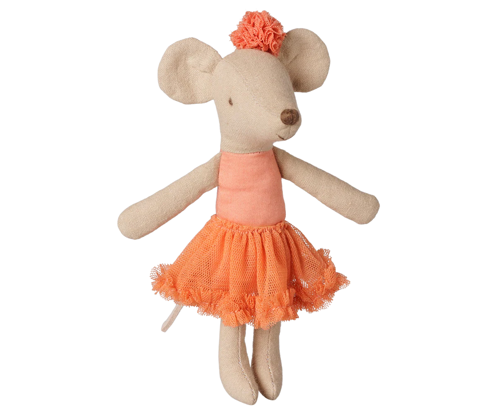 The PRE-ORDER Maileg Ballerina Mouse, Big Sister - Dusty Coral features a plush mouse doll in an orange tutu and headband, with beige fur and an embroidered nose, standing upright against a white background. Estimated arrival mid September.
