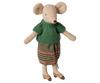 PRE-ORDER: Maileg Grandma Mouse features a green knitted blouse, plaid skirt, brown shoes, magnets in her hands, a stitched face, and large round ears. Estimated arrival early November.