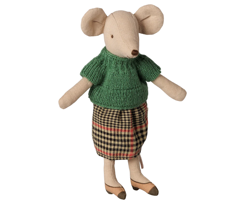 PRE-ORDER: Maileg Grandma Mouse features a green knitted blouse, plaid skirt, brown shoes, magnets in her hands, a stitched face, and large round ears. Estimated arrival early November.