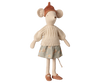 PRE-ORDER: Maileg Mouse, Medium - Skirt and Sweater features a cotton mouse in a knitted beige sweater, floral gray skirt, brown shoes, and a pointy brown knitted hat. Estimated arrival early November.