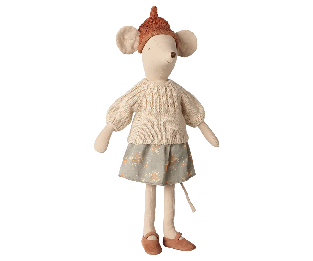 PRE-ORDER: Maileg Mouse, Medium - Skirt and Sweater features a cotton mouse in a knitted beige sweater, floral gray skirt, brown shoes, and a pointy brown knitted hat. Estimated arrival early November.