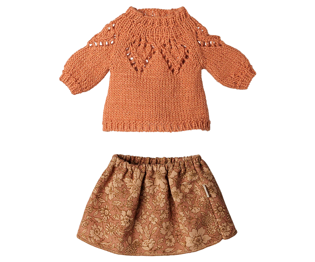 The PRE-ORDER: Maileg Skirt and Knitted Sweater - Medium Mouse (Estimated Arrival Early November) is displayed flat on a white background.