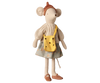 The PRE-ORDER: Maileg Cheese Bag, Medium Mouse features a plush mouse doll in a knitted hat, cream sweater, floral skirt, brown shoes, and a black-dotted fabric bag. Displayed upright against a plain background. Estimated arrival: early November.