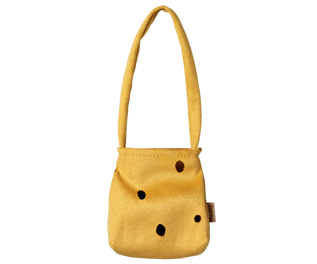 The PRE-ORDER: Maileg Cheese Bag, Medium Mouse features a small yellow fabric bag with a long strap and playful cheese design with black spots, shown against a plain white background. Estimated arrival: early November.