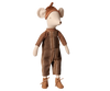 The PRE-ORDER: Maileg Mouse, Medium - Overall and Sweater stands upright on a plain light background, dressed in a soft cotton sweater, striped overalls, brown knit hat, and brown shoes. Estimated arrival early November.