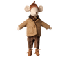 A Maileg medium mouse stands upright in a brown knit hat, plaid scarf, buttoned jacket, striped brown pants, and shoes. Outfit features the PRE-ORDER: Maileg Jacket and Scarf - Medium Mouse (Estimated Arrival Early November).