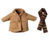 The PRE-ORDER: Maileg Jacket and Scarf - Medium Mouse (Estimated Arrival Early November) features a small brown wool jacket with front pockets and a wooden button, paired with a brown and black plaid scarf, both shown on a white background.