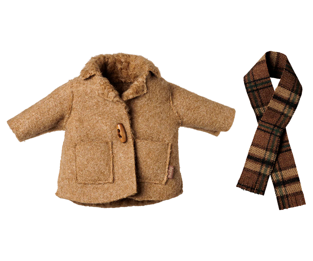 The PRE-ORDER: Maileg Jacket and Scarf - Medium Mouse (Estimated Arrival Early November) features a small brown wool jacket with front pockets and a wooden button, paired with a brown and black plaid scarf, both shown on a white background.