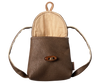 The PRE-ORDER: Maileg Backpack, Medium Mouse (Estimated Arrival Early November) is a small brown leather pouch with a beige fabric lining, open flap, wooden toggle closure, and two short straps for a charming vintage look.