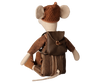 The PRE-ORDER: Maileg Backpack, Medium Mouse (arriving early November) features a vintage-style stuffed mouse in brown clothes and boots, wearing a knitted hat and striped backpack, seated with its back to the viewer on a plain background.