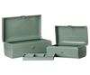 The PRE-ORDER: Maileg Storage Suitcase Set - Dark Mint with Tray features two metal suitcases with hinged lids, secure latches, and a sleek design; one includes a removable four-compartment tray. Estimated arrival: early November.