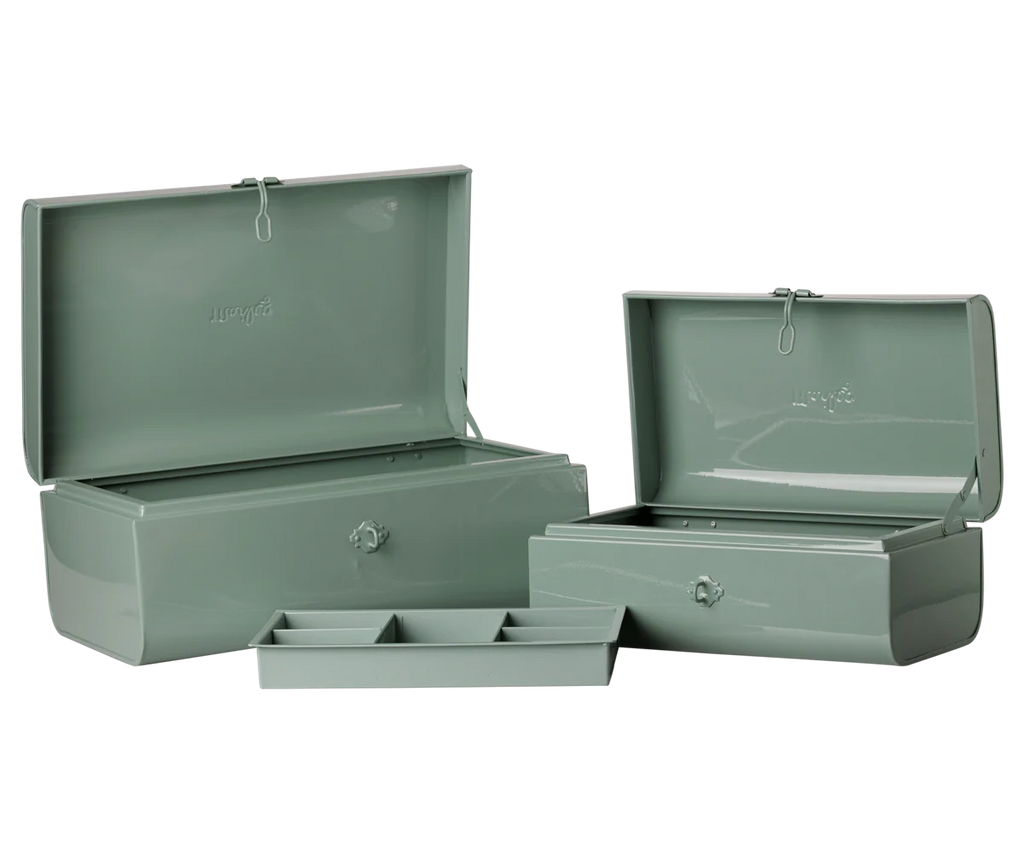 The PRE-ORDER: Maileg Storage Suitcase Set - Dark Mint with Tray features two metal suitcases with hinged lids, secure latches, and a sleek design; one includes a removable four-compartment tray. Estimated arrival: early November.