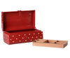 The PRE-ORDER: Maileg Storage Suitcase, Small - Red with Tray (Estimated Arrival Early November) features a stylish red metal case with beige polka dots, an empty interior, and a removable beige tray with three compartments for organized storage.
