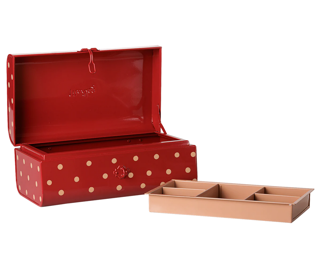 The PRE-ORDER: Maileg Storage Suitcase, Small - Red with Tray (Estimated Arrival Early November) features a stylish red metal case with beige polka dots, an empty interior, and a removable beige tray with three compartments for organized storage.