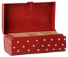 The PRE-ORDER: Maileg Storage Suitcase, Small - Red with Tray features a red rectangular metal design with white polka dots, an open hinged lid, beige interior tray dividers, and is ideal for stylish storage and organizing. Estimated arrival: Early November.