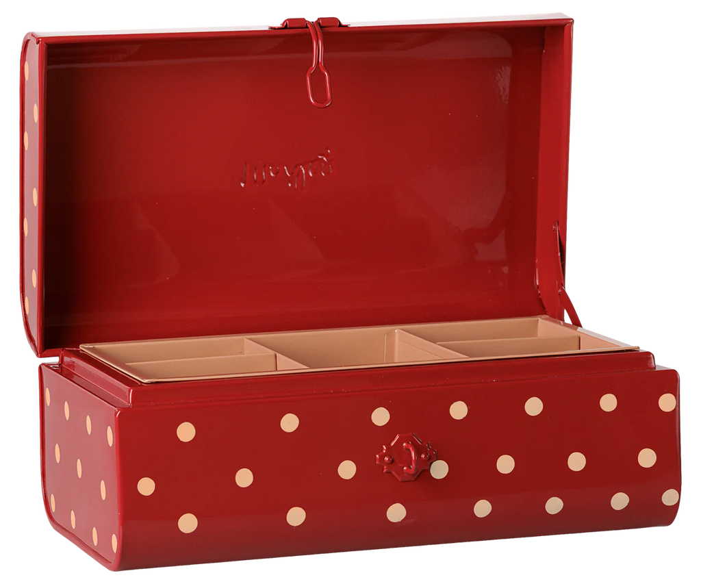 The PRE-ORDER: Maileg Storage Suitcase, Small - Red with Tray features a red rectangular metal design with white polka dots, an open hinged lid, beige interior tray dividers, and is ideal for stylish storage and organizing. Estimated arrival: Early November.