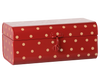The PRE-ORDER: Maileg Storage Suitcase, Small - Red with Tray (Estimated Arrival Early November) features a rectangular red design with rounded edges, cream polka dots, and a front latch.